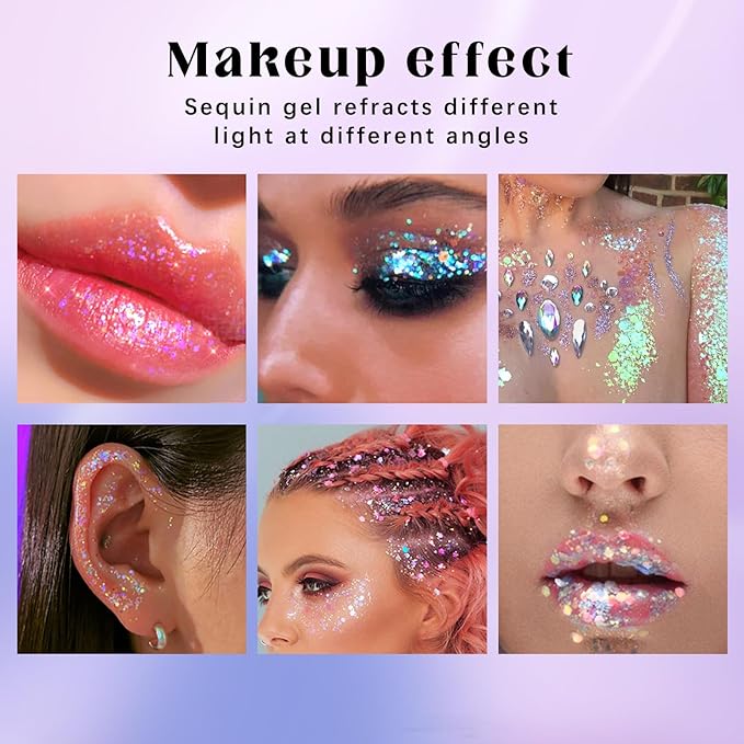 HOSAILY Roll-on Holographic Body Glitter Gel for Face Hair, Chameleon Color Changing Glitter Gel Under Light, Chunky Mermaid Sequins Festival Party Rave Accessories Shimmer Makeup (Neon Violet)