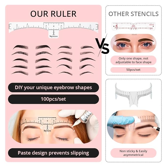 Skymore Eyebrow Ruler, 100Pcs Eyebrow Stencil Microblading Ruler, Disposable Eyebrow Template Eyebrow Ruler Sticker, Eyebrow Shape Kit for Microblading Supplies, 3 Minutes Makeup Tools For Eyebrow