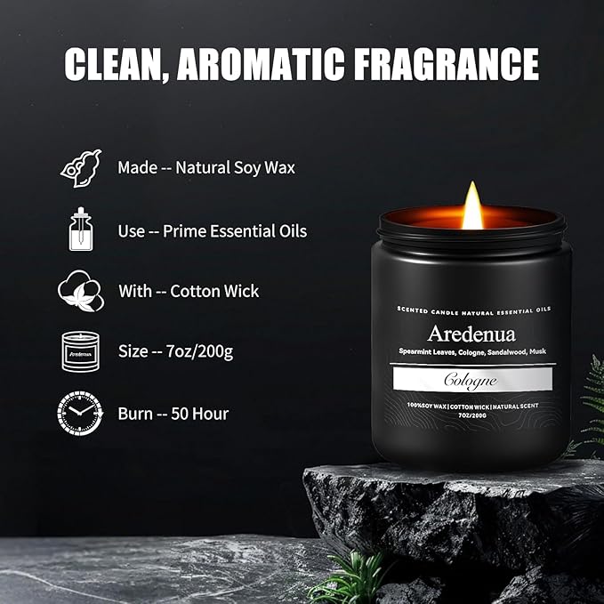 Cologne Mens Candles | Manly Scented Candles for Men - 7oz Soy Wax, 50 Hours Long Lasting, Natural Handmade with Luxury Black Gift Box, Aromatherapy Gifts for Him Valentine's Day Anniversary Birthday