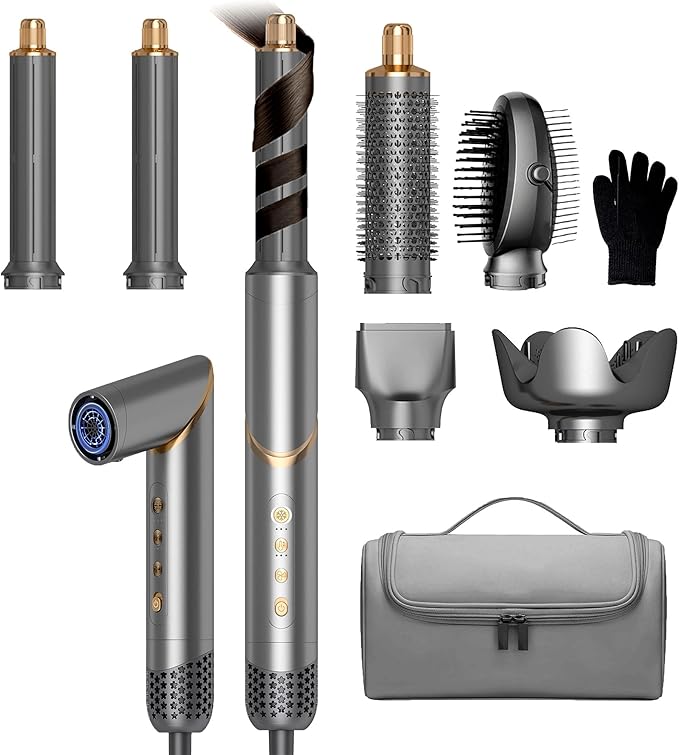6 in 1 Hair Dryer Brush & Air Styler, Foldable High Speed Negative Ionic Hair Care Blow Dryer with Auto-Wrap Curlers, Hair Brush Blow Dryer Salon at Home, Straight, Dry,Curl, Travel Bag 110-120V
