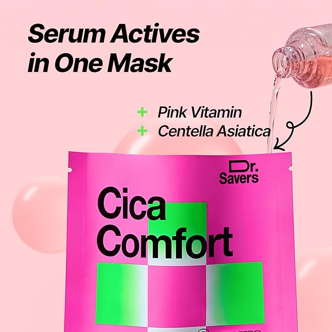 Dr. Savers Cica Comfort Face Serum Mask, 0.74 Fl Oz, Centella Asiatica, Acne Soothing, Lightweight Skin Barrier Repair, Irritated Sensitive Skin, Personalized Korean Skincare, 10 Sheets