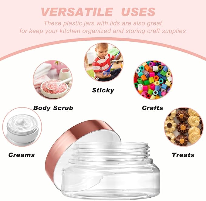Tessco for you 24 Pack Plastic Jars with Lids Labels Multiuse Slime Containers Empty Body Scrub Jars Round Refillable Cosmetic Body Butter Container for Makeup (5 oz,Clear,Rose Gold)