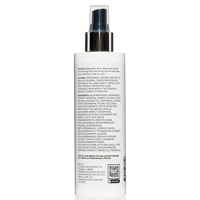 Advanced Clinicals Keratin Detangler Spray. Detangling Hair Spray for Strong, Shiny Hair. Lightweight, Leave-in Conditioner with Amino Acids, Vitamin B5, Olive Oil Softens and Nourishes Hair, 8 Fl Oz