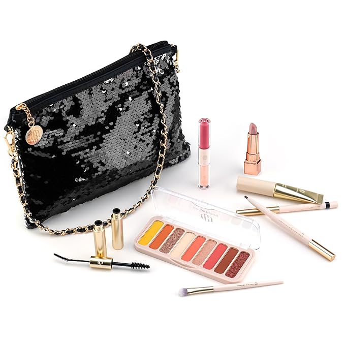 Color Nymph Makeup Kit For Girls, Women Make Up All In One Makeup Set For Starter With Sequin Bag, 9 Colors Eyeshadow Palette, Lip Gloss, Eyeliner, Mascara - Orange Pink, Party Wedding Evening Bag