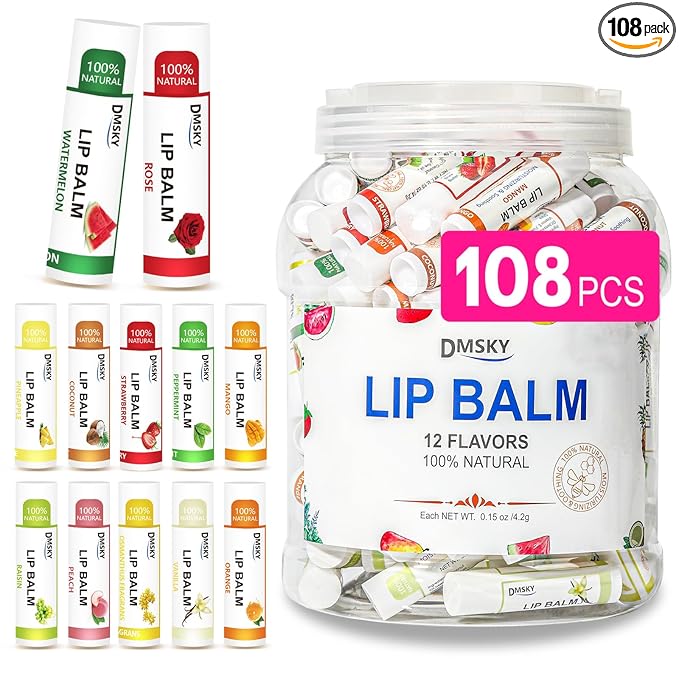 DMSKY Lip Balm Bulk 108 Pack, Lip Balm Hydrating with Vitamin E and Coconut Oil 12 Flavors, Lip Moisturizer Treatment - Party Favors Bulk Gift