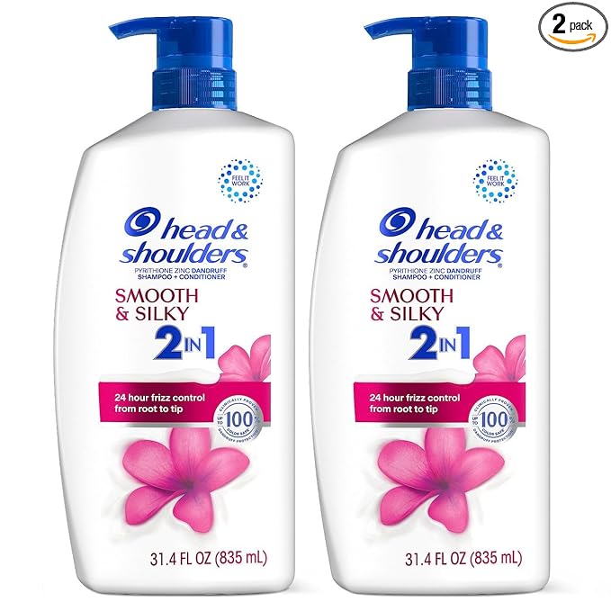 Head & Shoulders Anti-Dandruff Shampoo and Conditioner, Smooth & Silky 2-in-1 Twin Pack, 1% Pyrithione Zinc, Shampoo for Women, Healthy Frizz-Free Hair, 31.4 fl oz Each