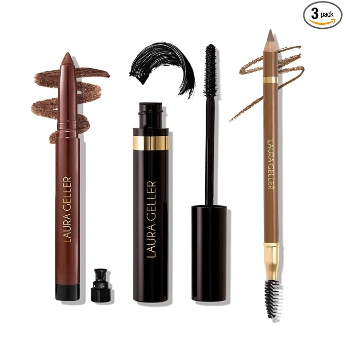 LAURA GELLER Laura’s 3 E’s Eyeliner, Eyelash & Eyebrow Kit for Mature Skin | Medium Brown | Kajal Longwear Eyeliner, Kajal Longwear Mascara & Bravo Brows Soft Pencil + Brush