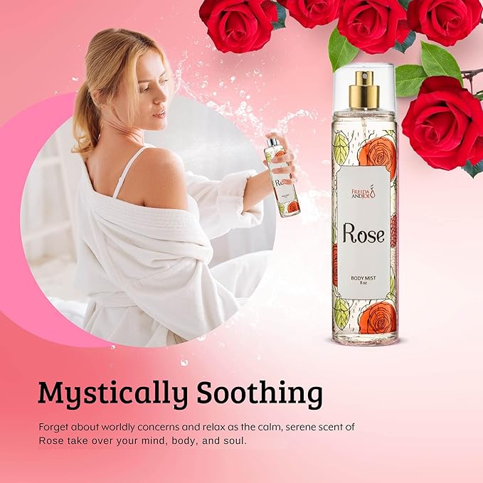 Freida and Joe Rose Elegance Fine Fragrance Body Mist Spray Capturing Timeless Allure of Blooming Roses, 8 oz Spray Bottle Ideal for Gifting, Stocking Stuffer – Mother's Day Gift for Mom
