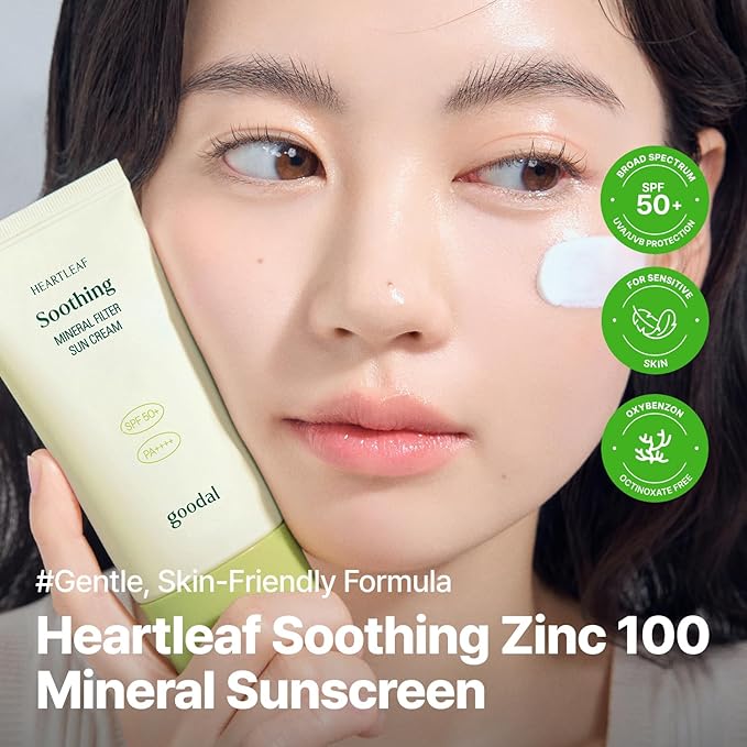 GOODAL Heartleaf Soothing Zinc 100 Mineral Sunscreen SPF 50, Zinc Oxide Korean Face Sunscreen for Sensitive & Acne-Prone Skin, No White Cast, Reef-Friendly, Vegan, Korean Skincare, 1.69 Fl Oz