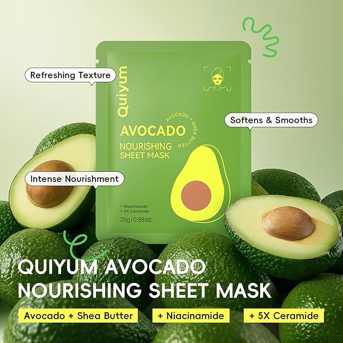 QUIYUM 14 Pack Avocado Sheet Mask - Hydrating Facial Masks for All Skin Types, Skincare Set, Spa Gift for Women & Teens
