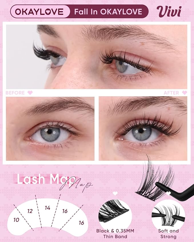 OKAYLOVE Wispy Lash Clusters Kit, VIVI 10-16mm Natural Cluster Eyelash Extension Kit, 144pcs CC Curl DIY Individual Lashes Black Band Natural Look Eyelashes with Bond and Seal, Remover, Tweezers