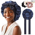 AWAYTR Women's Large Satin Sleep Cap Nightcap with 3 Bonus Satin Hair Scrunchies (Navy)