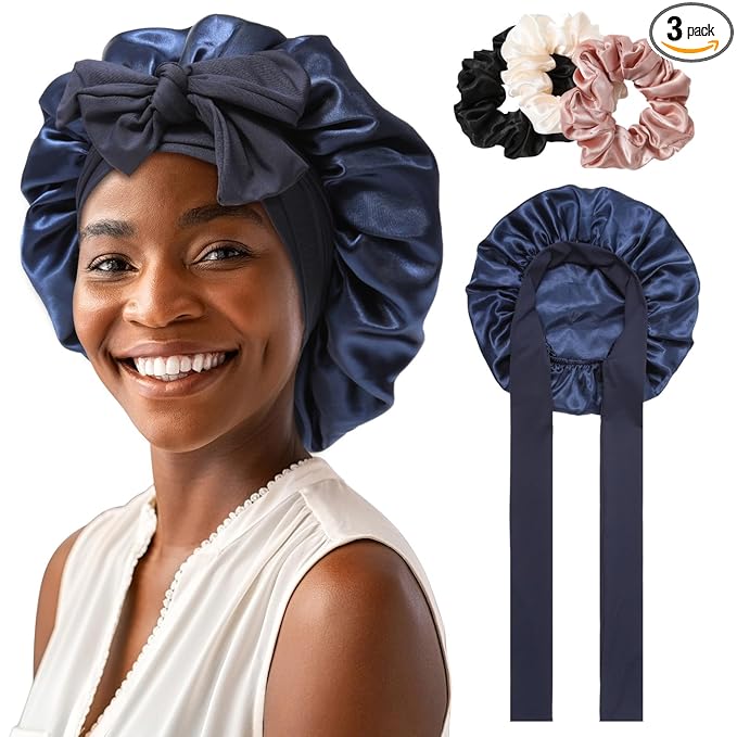 AWAYTR Women's Large Satin Sleep Cap Nightcap with 3 Bonus Satin Hair Scrunchies (Navy)