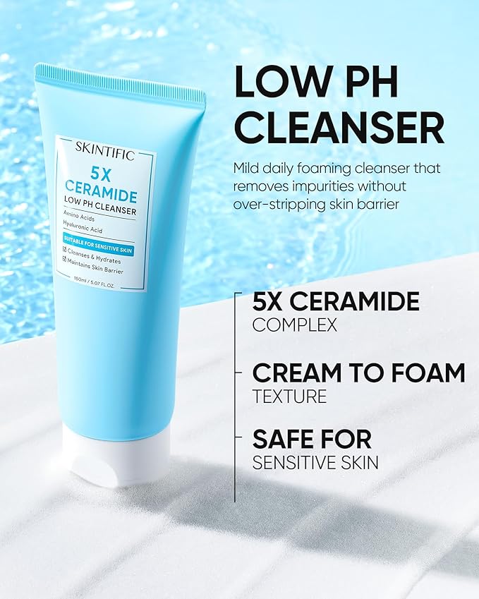 SKINTIFIC 5X Ceramides Low pH Facial Cleanser for Sensitive Skin, Hydrating Cleansing Face Wash with Amino Acids & Hyaluronic Acid, Not Tight, Maintain Skin Barrier,150ml