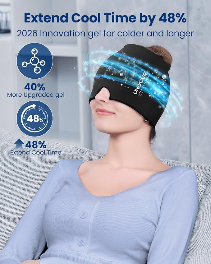 ONLYCARE Migraine Relief Cap, Upgraded Headache Relief Cap with Odorless Reusable Gel Head Wrap, Soothing Face Ice Pack Mask Products with Hot & Cold Therapy for Tension, Stress, Hangover & Puffy Eyes