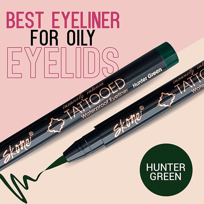 Skone Cosmetics Insanely Intense Tattooed Eyeliner Pen - Waterproof Liquid Eyeliner, Long Lasting, Sweat Proof, Smudge Proof Felt Tip Liquid Eyeliner - Pigmented Eye Liner Makeup, Hunter Green(0.07oz)