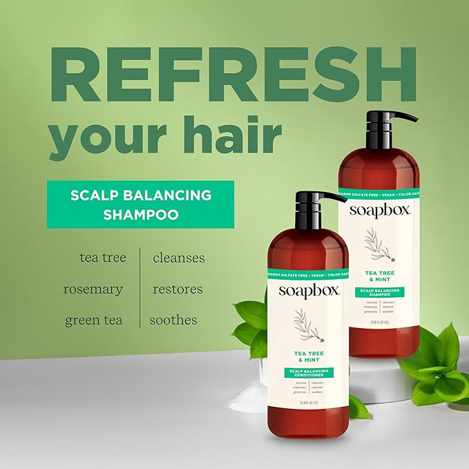 Soapbox Tea Tree Oil & Mint Shampoo & Conditioner Set, Leaves Hair & Scalp Balanced & Soothed - Clean Ingredients Free of Harsh Chemicals, Sulfates, Parabens & Silicones - 1 Liter Each