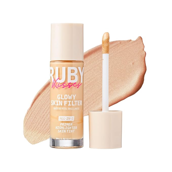 Ruby Kisses Glowy Skin Filter Foundation - All-in-1 Primer, Skin Tint & Highlighter, Hydrating Light Coverage with Squalane, Natural Dewy Finish, Luminous & Radiant Glow (Light)