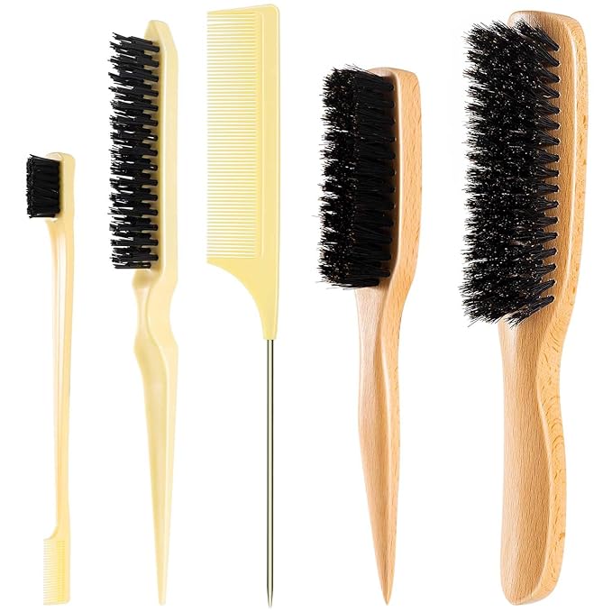 STYLEMATE 5PCS Slick Back Hair Brush Set, Soft Natural Boar Bristle Hair Brush for Thin & Fine Hair, Rat Tail Comb Edge Teasing Brushes Styling Tool Kit Accessories for Women Kid