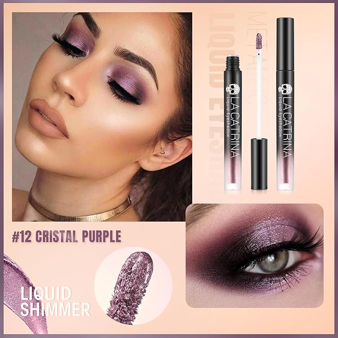 Purple Metallic Liquid Eyeshadow, Highly Pigmented Liquid Shimmer Plum Purple Eye Shadow for Old Women, Long Lasting Waterproof Mauve Eye Makeup for Mardi Gras, Party, Quick Dry, Non-Greasy, Vegan #12