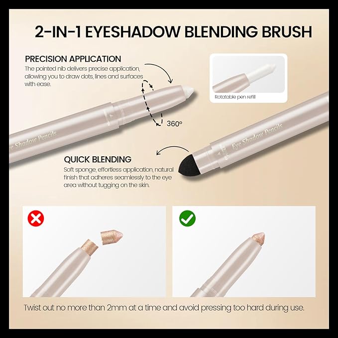 Noerrors 3Colors Glitter Eyeshadow Brightener Stick Set, Champagne&Pink&Pearl White Sparkle Cream Eyeliner&Eye Shadow Pencil with Brush, Waterproof Silky Smooth Shimmer Metallic Eye Highlighter Makeup