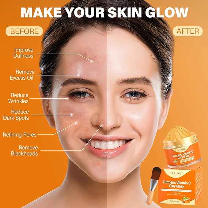 ulluxe Turmeric Vitamin C Clay Mask for Dark Spots, Dull Skin, Moisturizing, Skincare Facial Mask for Blackheads and Pores Cleansing, Improve Uneven Skin Tone, Face Skincare Gift, 5.29 oz