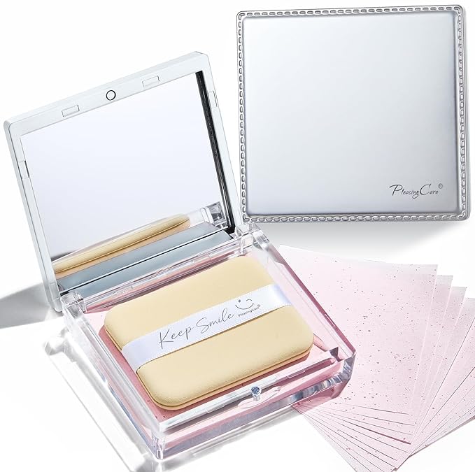 Blotting Papers for Face with Mirror and Puff, 100 Count Rose Oil Blotting Sheets for Oily Skin, Portable Compact for Purse, Travel, and On-the-Go Touch-Ups