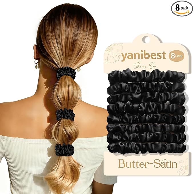Yanibest 8 Pcs Satin Hair Ties - Hair Scrunchies for Women & Girls, Thin Silk Hair Ties No Damage, Ponytail Holders Gentle on Hair
