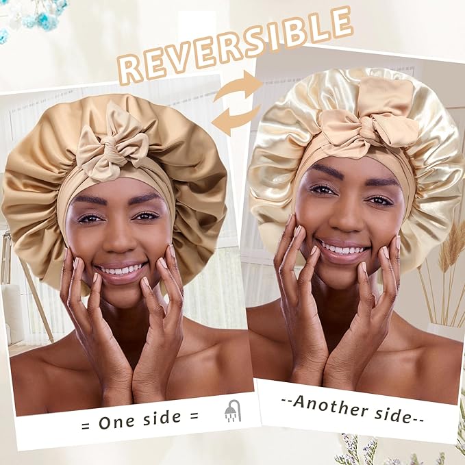 Reversible Satin Bonnet for Women with 3PCS Hair Scrunchies Tie Band Hair Bonnet - Large 2 Layered Silk Sleep Cap - Nightcap for Sleeping (Reversible Coffee/Champagne)