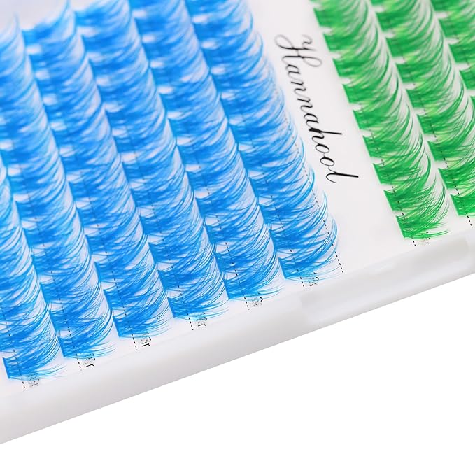 12rows-Large Tray Mixed 8-10-12-14-16mm/Mixed 14-15-16mm/Mixed14mm-16mm/Mixed 18-20mm Wide Stem Individual False Eyelashes Dramatic Black Cluster Eyelashes (LC07-Green-blue-14-16mm)