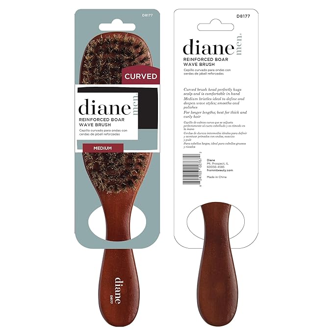 Diane Reinforced Boar Bristle Curved Wave Brush for Men and Barbers – Medium Bristles for Thick and Curly Hair – Use for Detangling, Smoothing, Wave Styles, Restore Shine and Texture