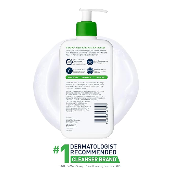 CeraVe Hydrating Facial Cleanser, Moisturizing Face Wash For Dry Skin, Hyaluronic Acid + Ceramides + Glycerin, Hydrating Cleanser For Normal To Dry Skin, National Eczema Association Certified