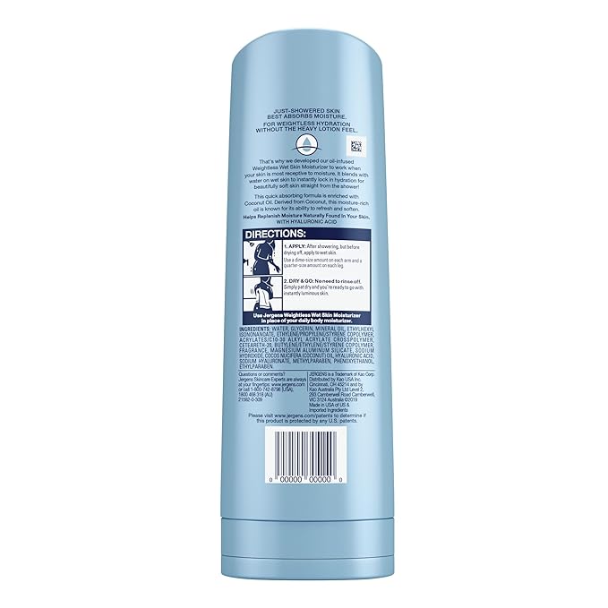 Jergens Wet Skin Body Lotion with Coconut Oil, In Shower Lotion for Dry Skin, Fast-Absorbing, Non-Sticky, Dermatologist Tested, 10 Ounce