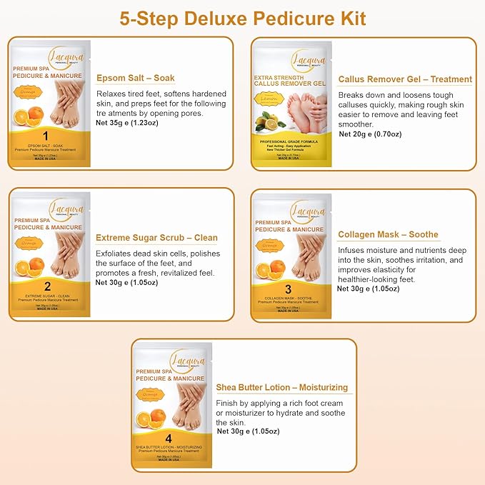 Deluxe Pedicure Kit 5 Step Spa Set – Epsom Salt Soak, Callus Remover Gel, Sugar Scrub, Collagen Mask & Shea Butter Lotion – Professional At Home Foot Care (Orange, 40 Sets)