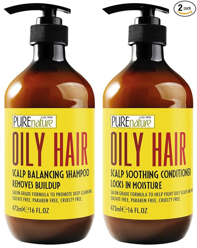 Oily Hair Shampoo and Conditioner Set - Sulfate Free Moisturizing Cleanse for Oily, Flaky Scalps - Fights Dandruff and Itchiness - Salon Professional Formula - For Men and Women - 16 Fl Oz (Set of 2)