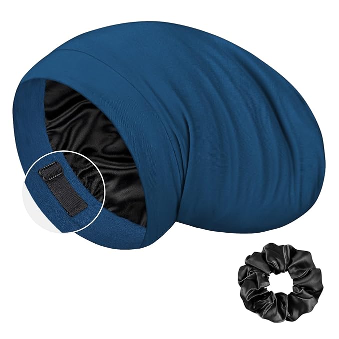 LULUSILK Mulberry Silk Bonnet for Sleeping Women, Real Silk Sleep Cap for Curly Hair and Braids, Pure Head Wrap with Scrunchies, Bijou Blue