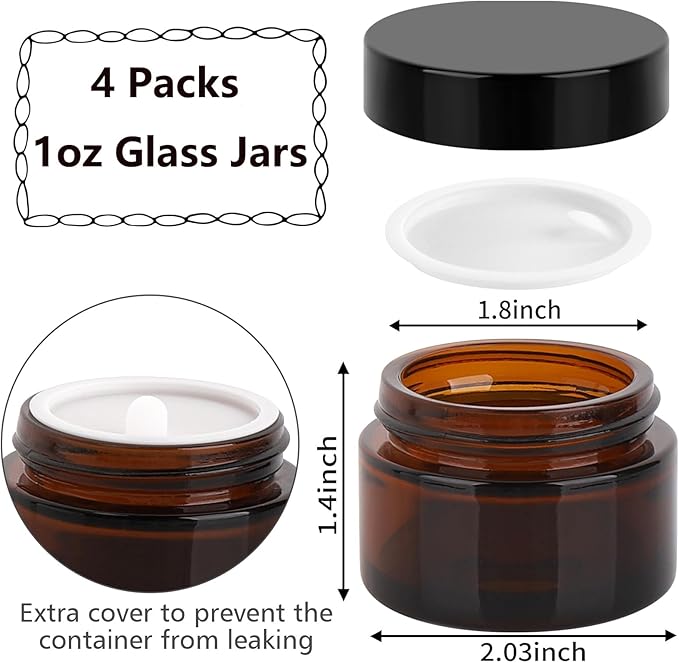 Accmor 1 OZ Glass Jars with Lids, 4 Pack Amber Makeup Sample Container with Inner Liners & Spatulas, Leak Proof Round Travel Cosmetic Storage for DIY Making Lotions, Creams, Body Scrub, Bath Salts