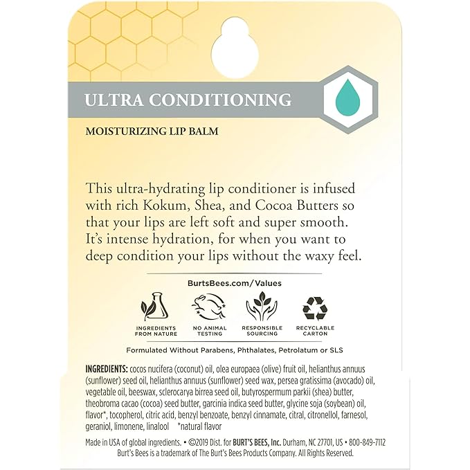 Burt's Bees Lip Balm, Ultra Conditioning with Kokum Butter, 0.15 oz (Pack of 4)