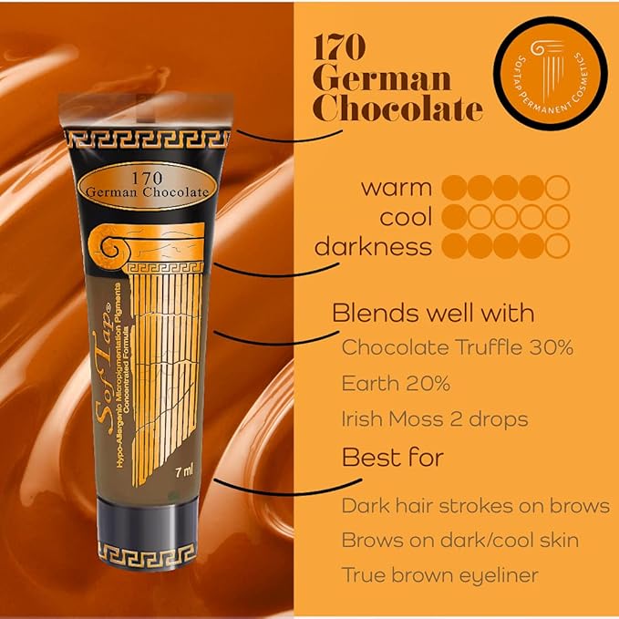 Microblading Ink for Eyebrows by SofTap® | German Chocolate – Rich Dark Warm Brown PMU Pigment for Nano Brows, Machine & Hand Method | Carbon-Free Inorganic Permanent Makeup Ink