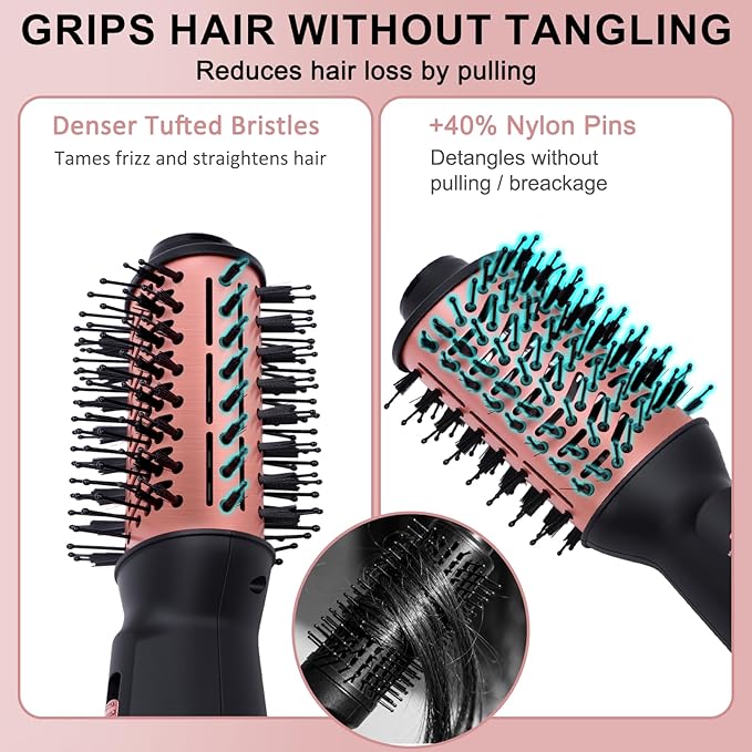 Dual Voltage Travel Hair Dryer Brush, Small Portable Ionic Powerful Blow Dryer, Drying Straightening Curling in One Step, Suitable for Women & Kids with Long Hair