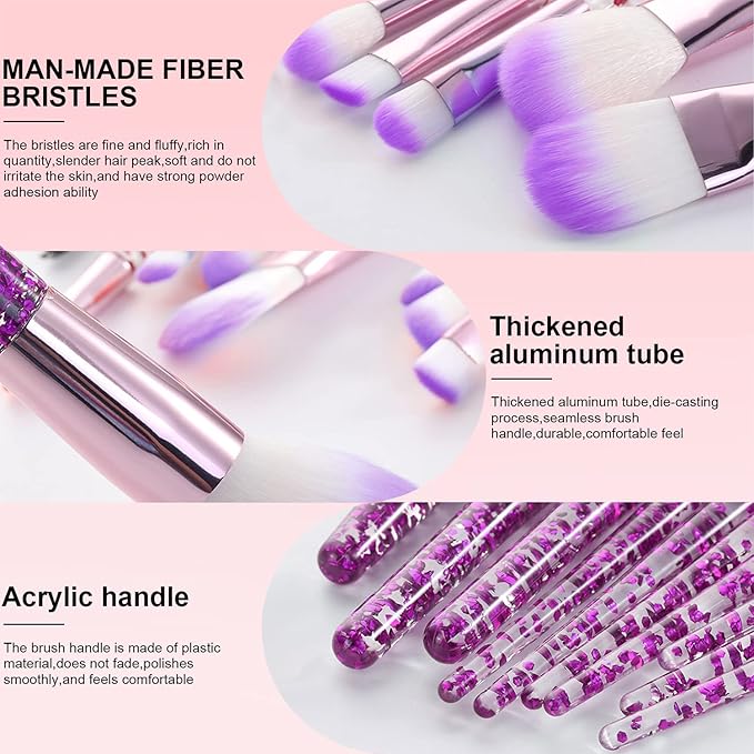 Makeup Brush Set 10 PCS Stylish Glitter Handle Makeup Brushes Professional Face Powder Foundation Blending Blush Eye Shadow Eyeliner Lip Cosmetic Brushes With Transparent bag(Purple)
