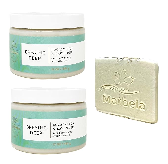Bath & Body Works Aroma Breathe Deep Eucalyptus Lavender 2 Pack Body Scrub Set with a Natural Oats Sample Soap