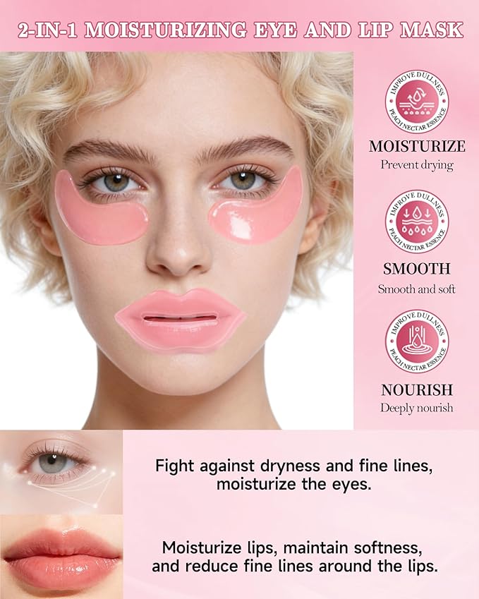 Lip Eye Mask Kit,8 Pcs Peach Crystal Collagen Under Eye Patches for Dark Circles Puffiness Dry Line,Hydrating Moisturizing Skincare Lip Mask Eye Pads,Mother’s Day Skin Care Product for Women Mom-Set A
