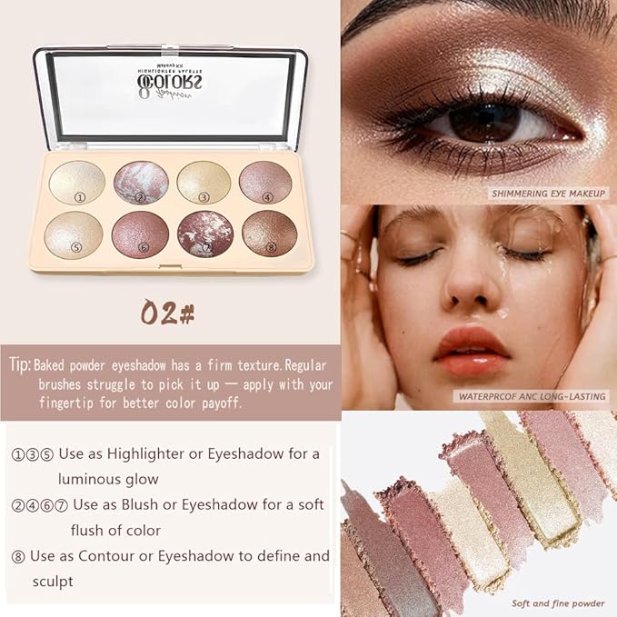 All-in-One Baked Eyeshadow Palette,Face & Eye Makeup with Highlighter Blush Contour,Soft Neutral Low-Saturation Tones,Smooth Blendable Buildable, Long-Lasting Natural Glow,Paleta de Sombras de Ojos 02