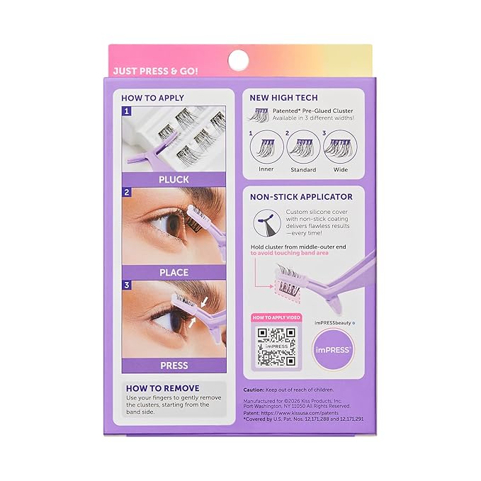 Kiss Impress Falsies Self Adhesive Eyelashes, Press On Lashes, 12mm-14mm Glam Volume Lashes, Black, No Glue Needed, Invisible Band, 36 Lash Clusters & Non-Stick Applicator - Voluminous
