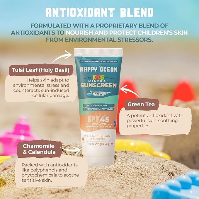 Happy Ocean Kids Mineral Sunscreen SPF 45 – Reef Safe, Non-Toxic for Babies & Toddlers, Zinc Oxide, Water Resistant, Travel Size, Face & Body