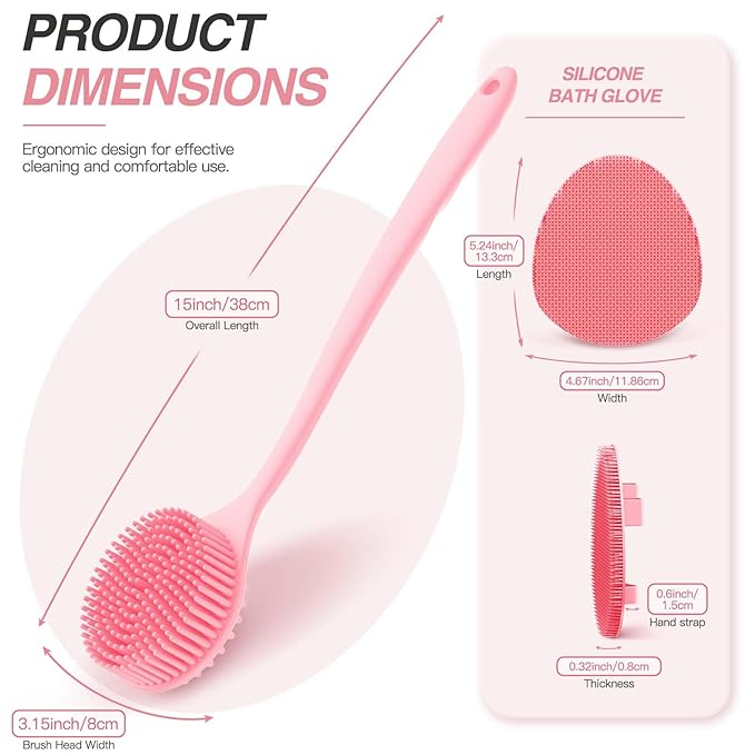 Manmihealth Extra-Large Shower Foot Scrubber Mat with Non-Slip Suction Cups, Silicone Body Scrubber with Long-Handle, Shower Bath Glove, Bath Sponge Net Combation (Pink)