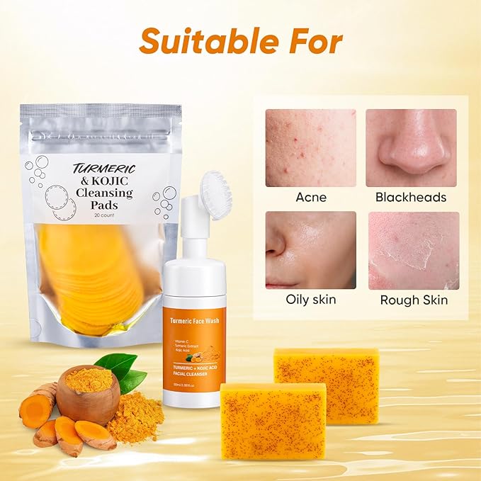 Treeroot 4Pcs Turmeric Face Wash Set: 2Pcs 70g Turmeric Kojic Acid Soap & Turmeric Face Wash with Brush & Turmeric Face Scrub Pads, Face & Body Cleanser, Cleansing Mousse for Deep Cleansing