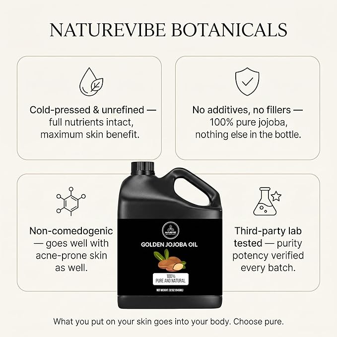 Naturevibe Botanicals Golden Jojoba Oil 32 oz – 100% Pure, Cold-Pressed Moisturizer for Skin & Hair | Antioxidant-Rich, Non-Greasy, Carrier Oil & Daily Hydration