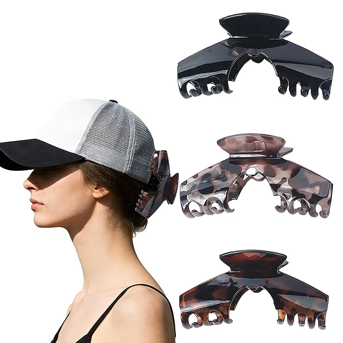 3PCS Large Hat Claw Clip for Women Acetate Tortoise-Shell Claw Clips for Styling Long, Thick, Thin Hair Non-Slip, Strong Hold Can be Used as a Hat Accessory During Exercise